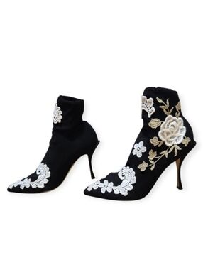 Dolce‎ & Gabbana Floral Embroidered Black White Gold Ankle Booties IT 38 / US 8